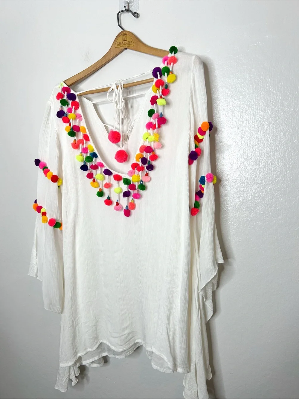 SUNDRESS Womens Boho Rainbow Pom Pom Dress Bikini Cover Up Bell Sleeve M/L